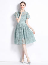 Lace Openwork Flying Sleeve Silm Waist Dress