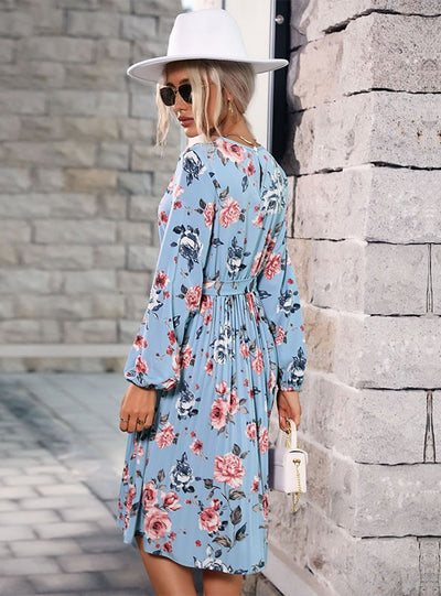 Long Sleeve Blue Pleated Floral Dress