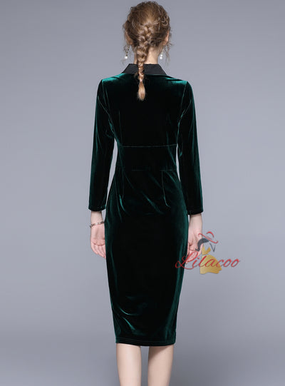 Velvet Green Slim Waist Long Dress