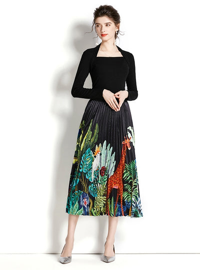 Retro Square Neck Long Sleeve Top+Printed Pleated Skirt Suit