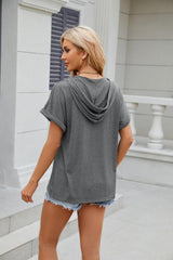 Solid Color Hooded Button Loose Short Sleeve T-shirt