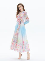 Lantern Sleeve Printed V-neck Chiffon Ruffled Dress