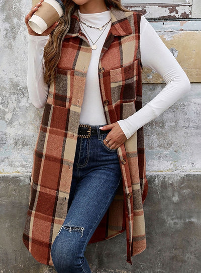 Sleeveless Lapel Jacket Long Plaid Vest