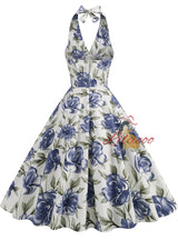 Printed Hepburn High Waist Halter Dress