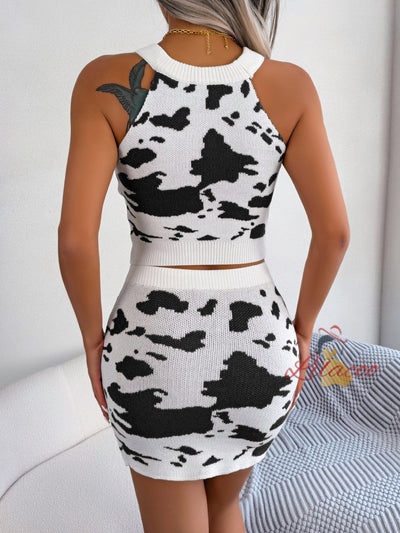 Cow Pattern Navel Top Halter Skirt Suit