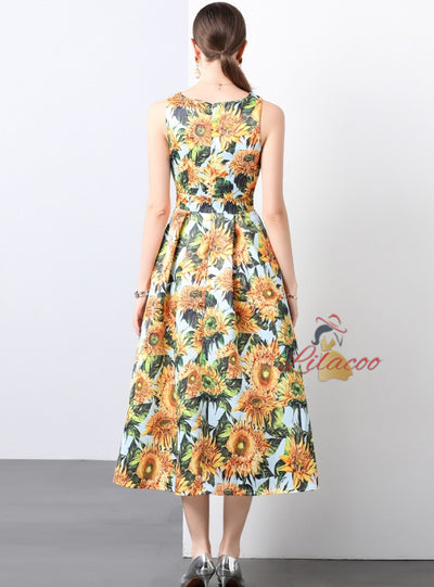 Sleeveless High Waist Print Dress