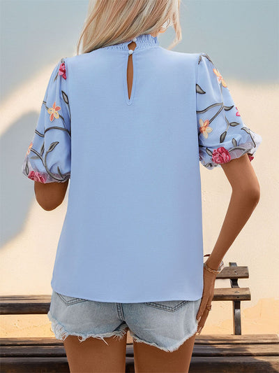 Embroidered Mesh Stitching Short Sleeve Shirt