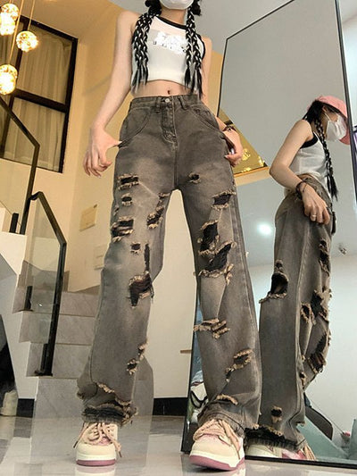 Retro Hole Loose Straight Jeans