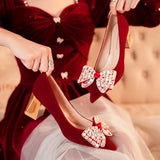 Red Bow Thick Heel Wedding Shoes