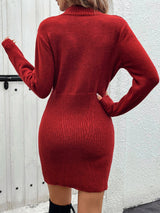 Lapel Zipper Knitted Sweater Dress