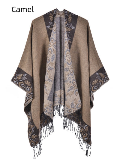 Split Shawl Warm Fringed Cloak Scarf