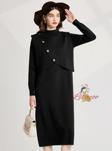 Semi-high Neck Knitted Vest+Long Sleeve Dress Two-piece Suit