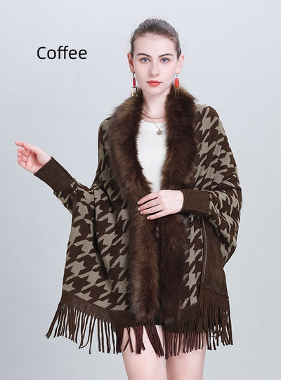 Shawl Houndstooth Fur Collar Fringed Shawl