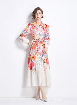 Retro Stand-up Collar Printed Slim Long-sleeved Dress