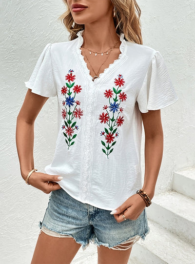 White Short-sleeved Embroidered T-Shirt