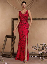 Red Mermaid Sequins V-neck Prom Dress