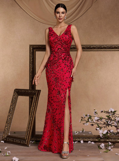 Red Mermaid Sequins V-neck Prom Dress