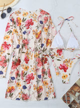 Flower Print Blouses Beach Swimsuit Three-piece Suit