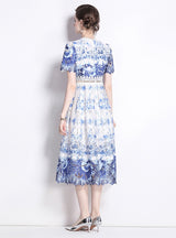 Slim and Hollow Lace Print Medium Length Dress