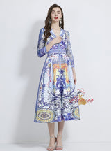 Retro Printed Long-sleeved Long Ruffled Dress