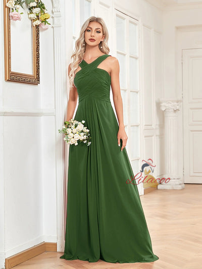 Green Chiffon Pleats Long Prom Dress