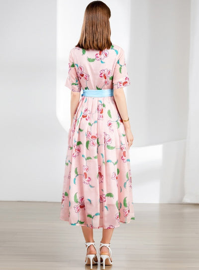 Short Sleeve Printed Lapel Dress With Belt