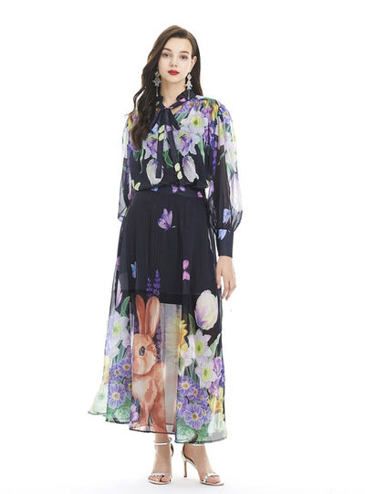 Printed Long Skirt Lotus Leaf Collar Suit