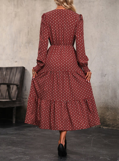 Long sleeve Print V-neck Button Dress