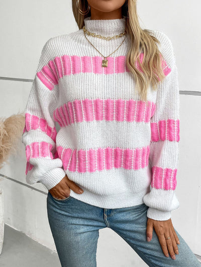 Striped Pullover Loose Semi-turtle Neck Sweater