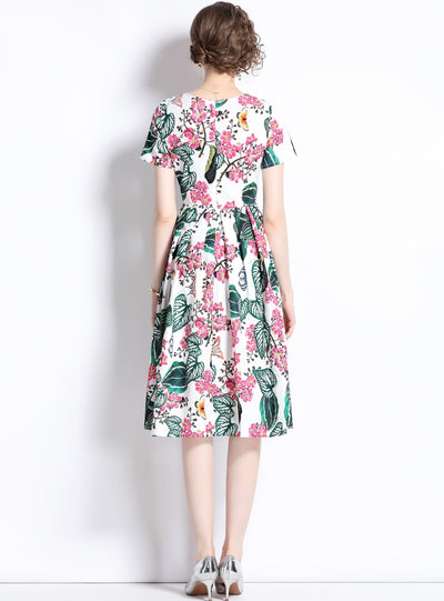 Printed Round Neck Retro Short-sleeved Dress