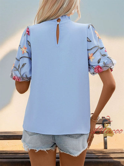 Embroidered Gauze Spliced Lantern Sleeve Shirt