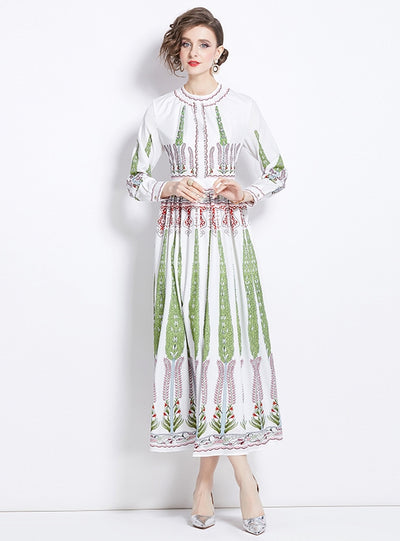 Round Neck Long Sleeve Pleated Printed Dress