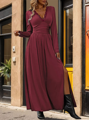 Solid Color Slit Slim Long Sleeve Dress