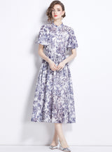 Drawstring Slim Print Short Sleeve Long Dress