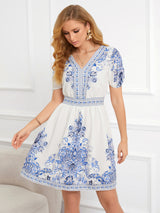 V-neck Short Sleeve Print Dress