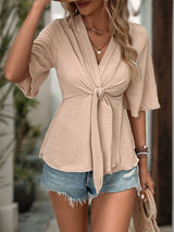 V-neck Solid Color Short Sleeve Shirt