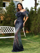 Navy Blue Mermaid Sequins Off the Shoulder Prom Dress