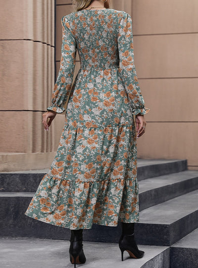 Long Sleeve V-neck Print Long Dress