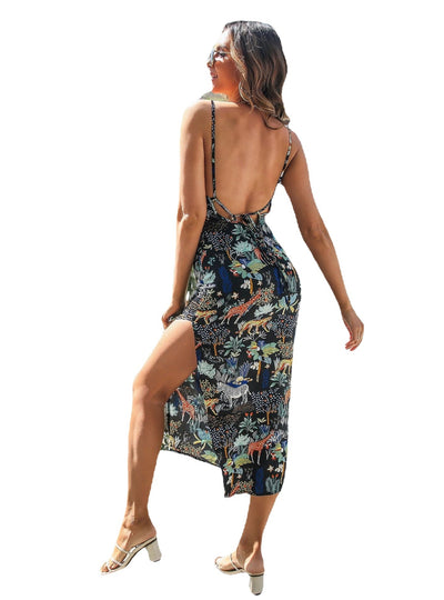 Printed Side Split Halter Dress