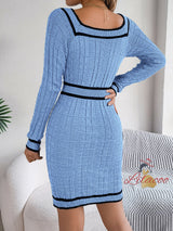 Square Neck Button Long Sleeve Sweater Dress