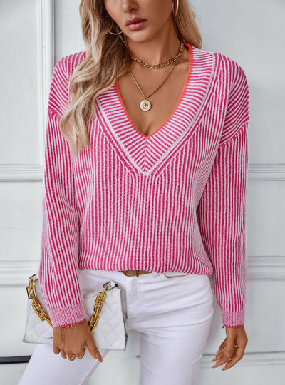 Casual Pullover Loose V-neck Striped Sweater