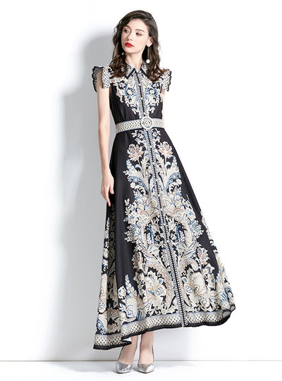 Palace Style Lapel Sleeveless Print Long Dress