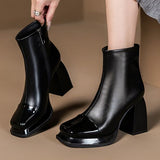 Square-toe Thick-heel Spliced Leather Booties