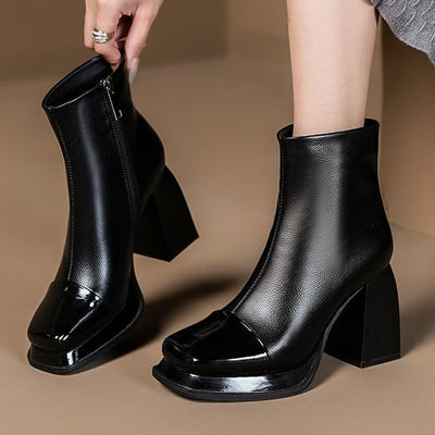 Square-toe Thick-heel Spliced Leather Booties