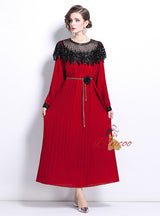 Heavy Industry Beaded Lantern Sleeve Pleated Dress