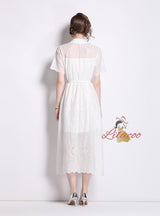 Solid Color Cotton Embroidered Short Sleeve Dress