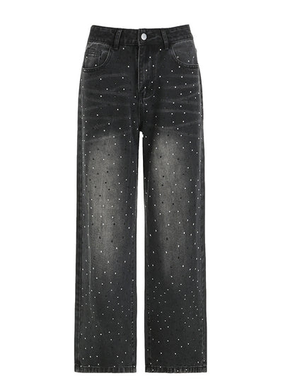 Gradient Rhinestone High Waist Loose Jeans