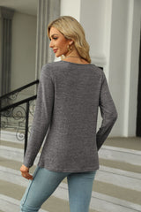 Square Neck Button Split Loose Long Sleeve T-shirt