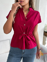 Casual Solid Color Button Drawstring Short Sleeve Shirt