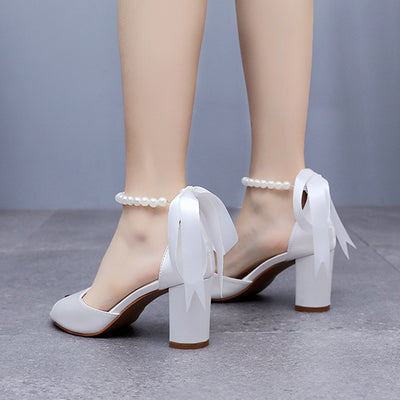 7 cm Thick Beaded Ribbons Heel Sandals